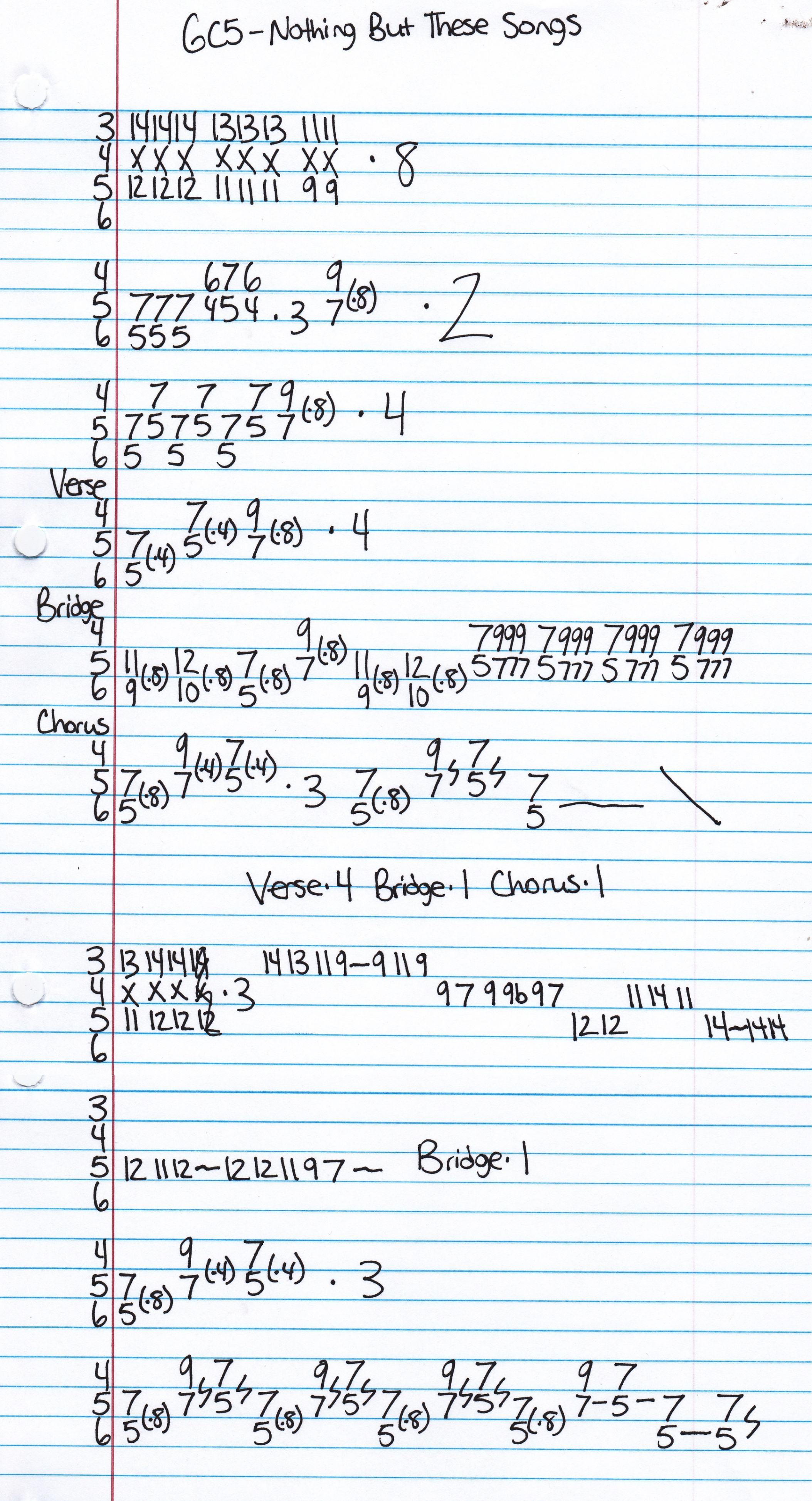 High quality guitar tab for Nothing But These Songs by The Gc5 off of the album Kisses From Hanoi. ***Complete and accurate guitar tab!***